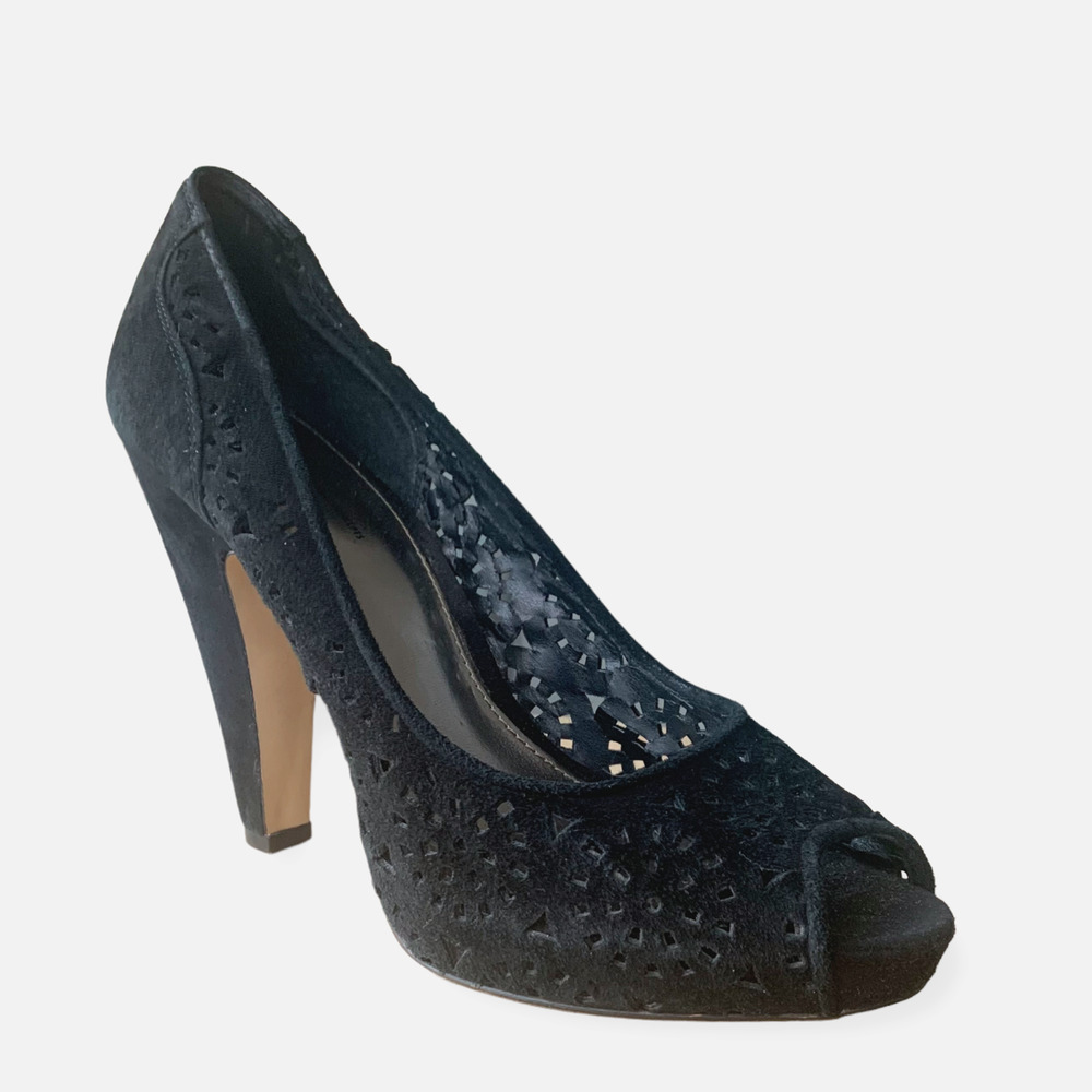 INC INT'L CONCEPTS Suede Peep Toe Heels Pumps Cocktail Work Perforated Black 8.5
